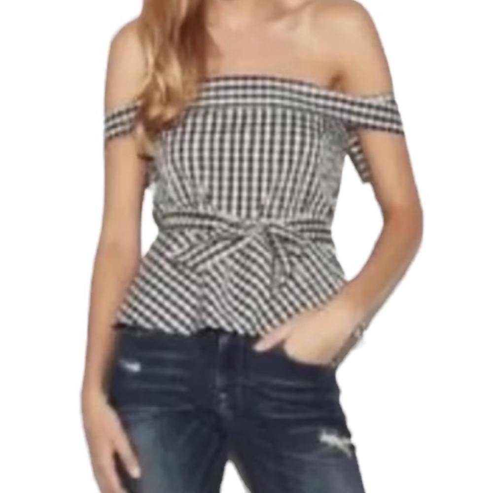 Express Gingham Summer Top Black and White Belted off shoulder sz 6